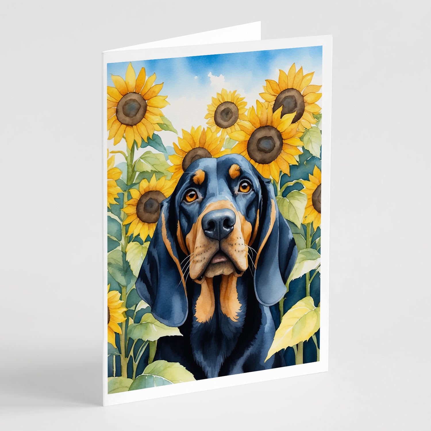 Buy this Black and Tan Coonhound in Sunflowers Greeting Cards Pack of 8