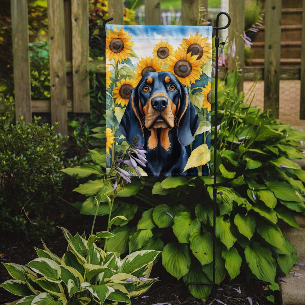 Black and Tan Coonhound in Sunflowers Garden Flag