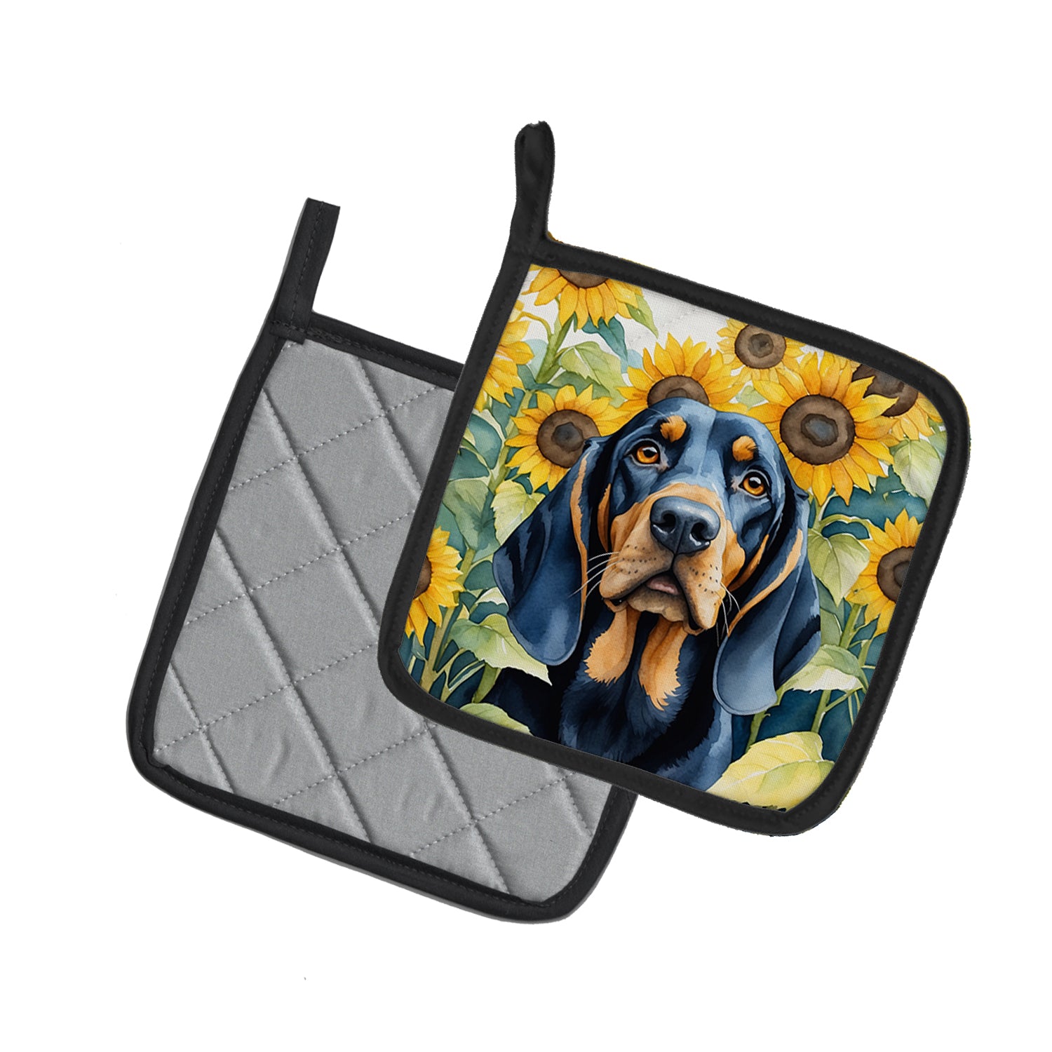 Buy this Black and Tan Coonhound in Sunflowers Pair of Pot Holders