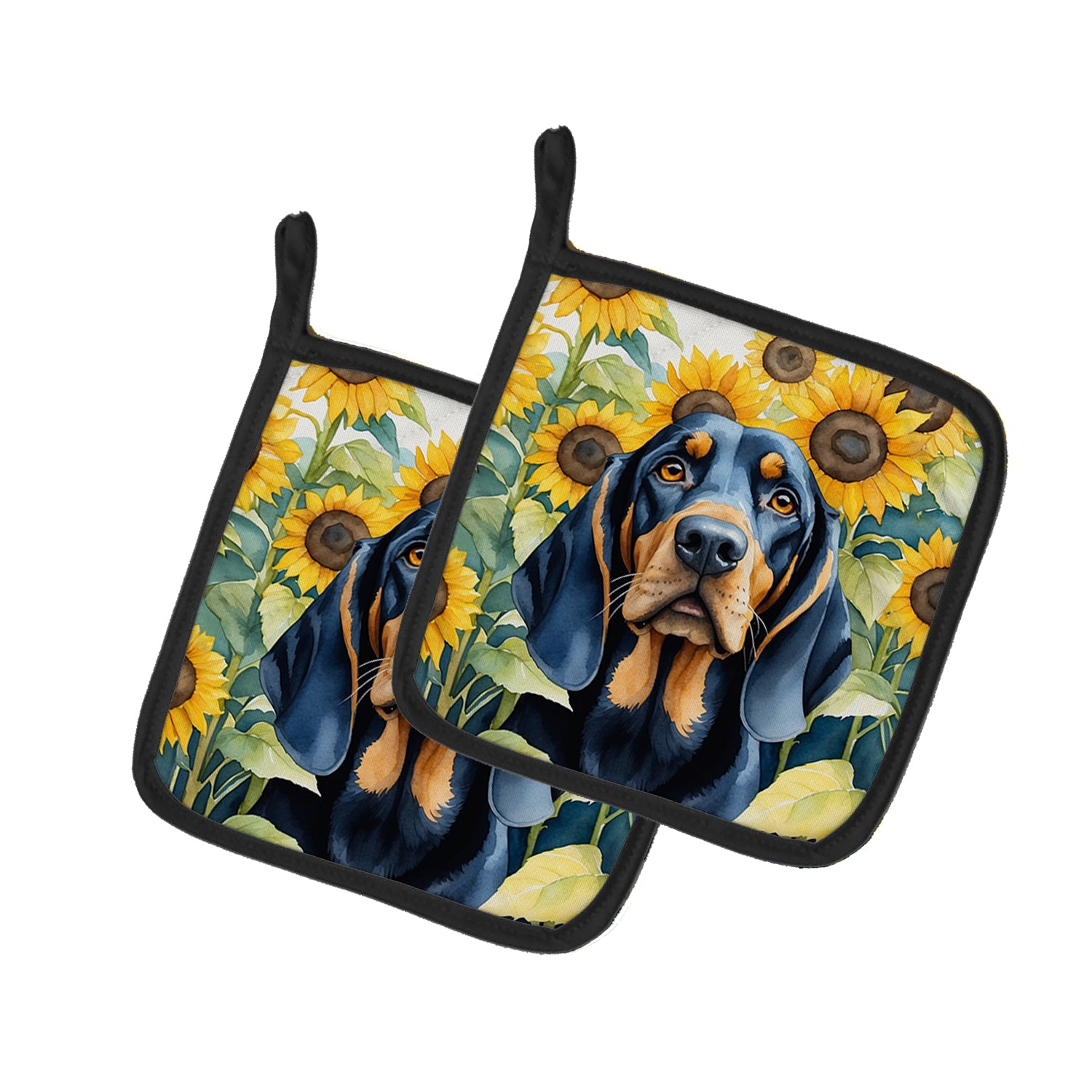 Buy this Black and Tan Coonhound in Sunflowers Pair of Pot Holders