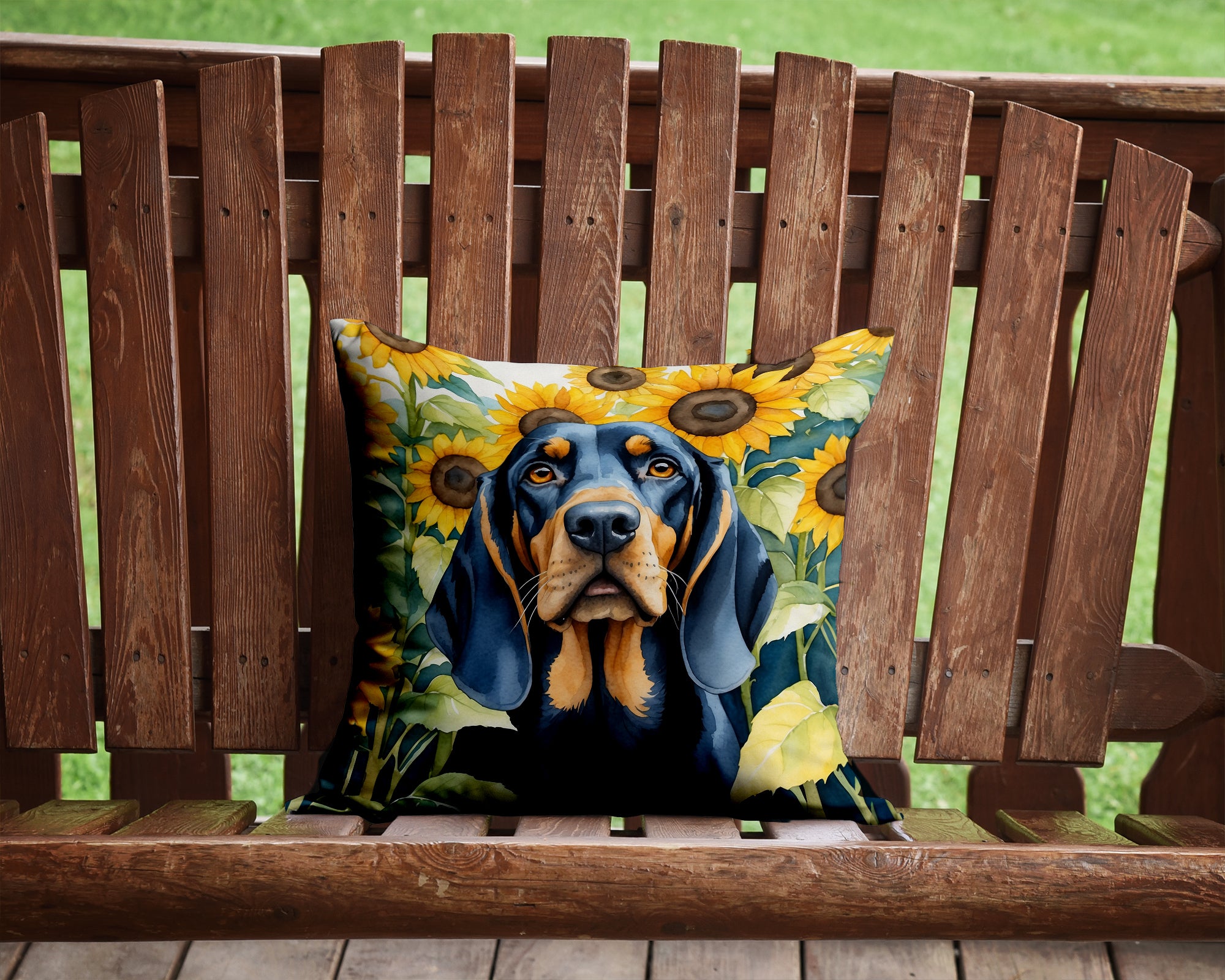 Buy this Black and Tan Coonhound in Sunflowers Throw Pillow