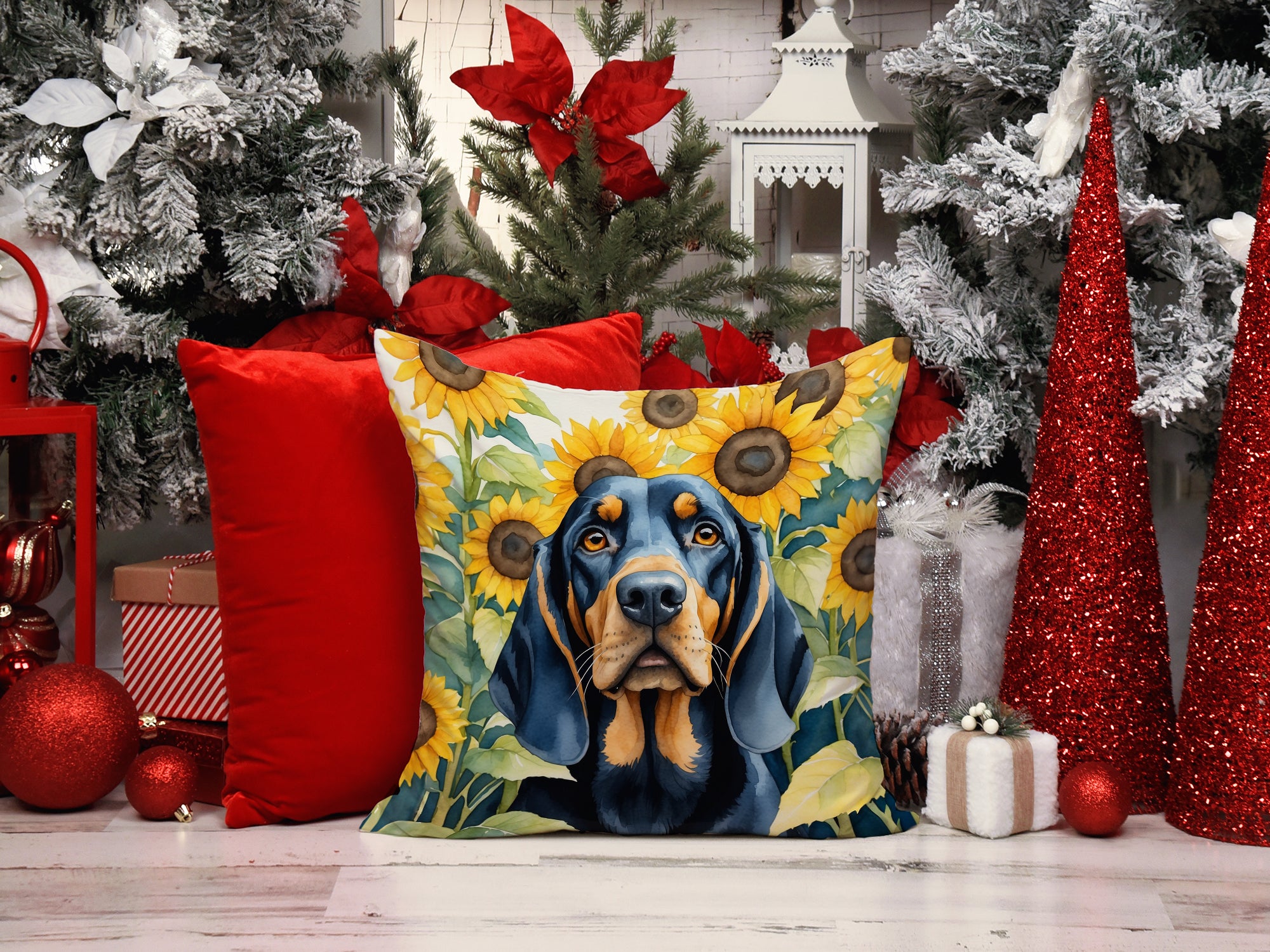 Black and Tan Coonhound in Sunflowers Throw Pillow