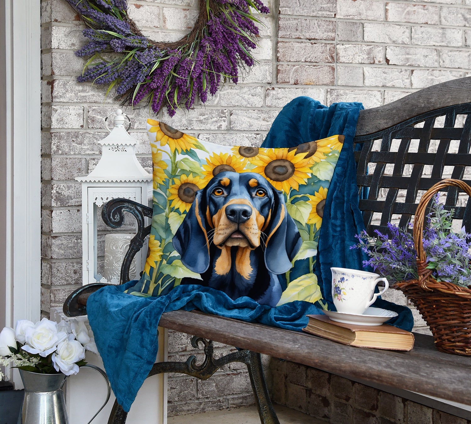 Black and Tan Coonhound in Sunflowers Throw Pillow