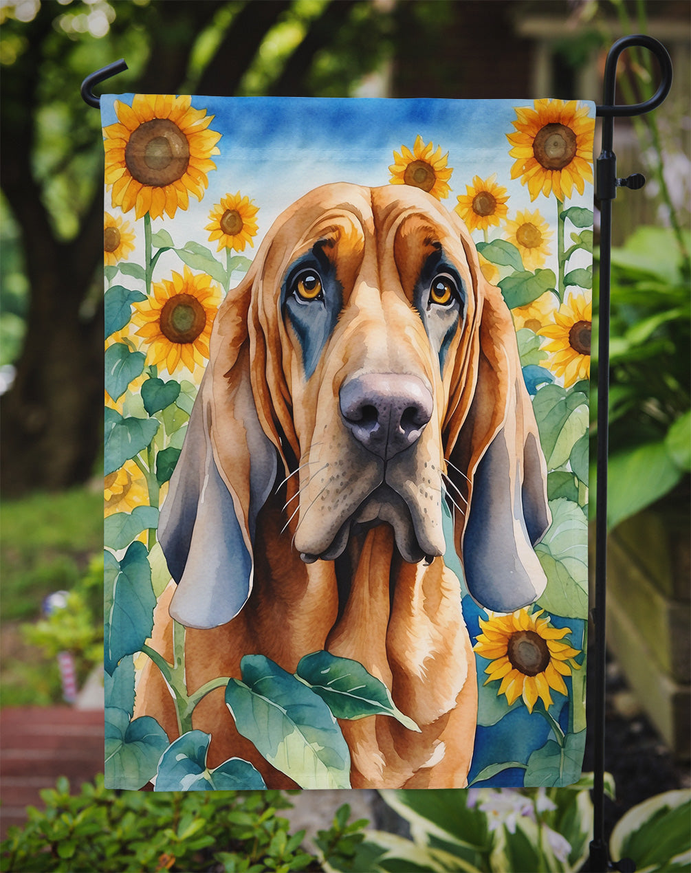 Bloodhound in Sunflowers Garden Flag