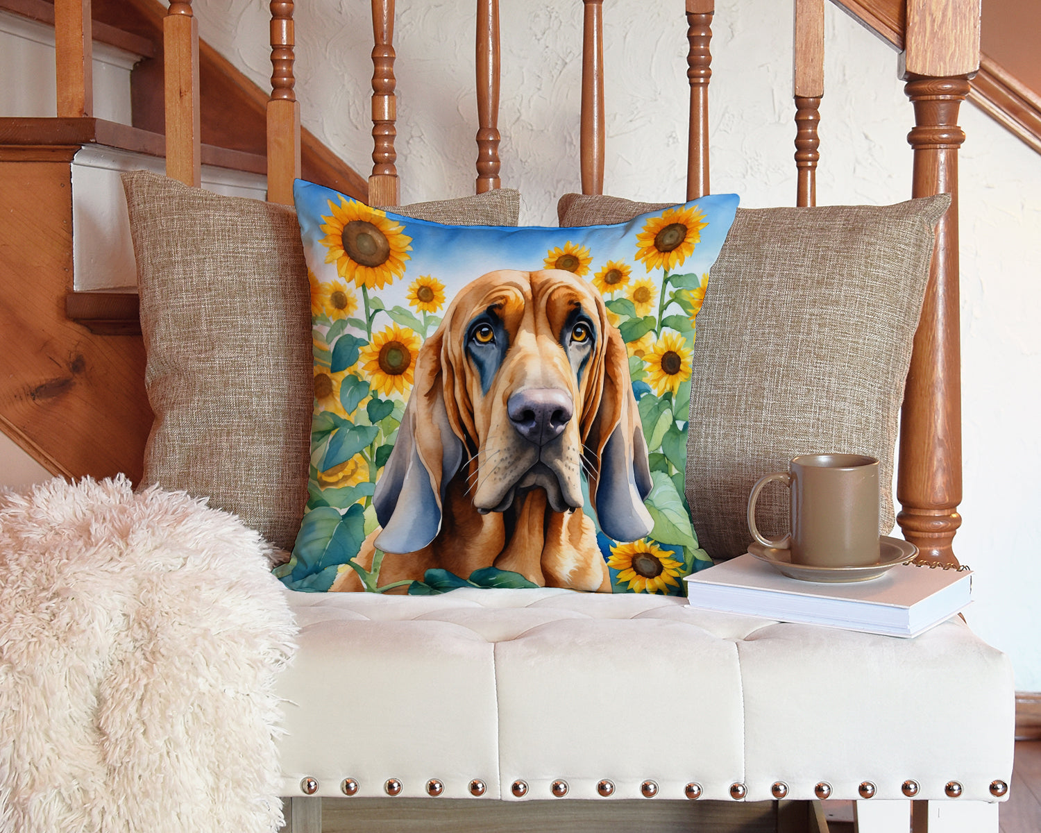 Bloodhound in Sunflowers Throw Pillow