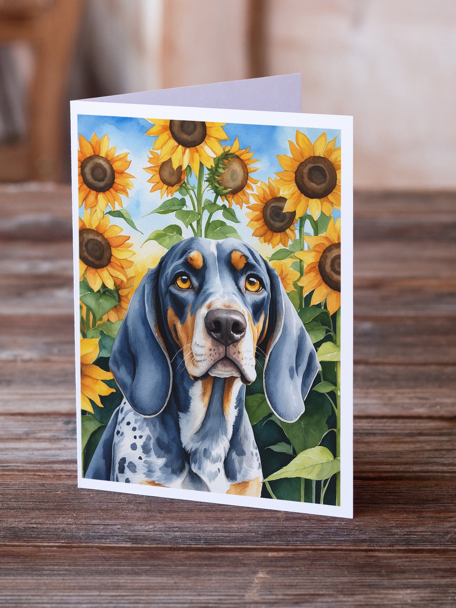 Buy this Bluetick Coonhound in Sunflowers Greeting Cards Pack of 8