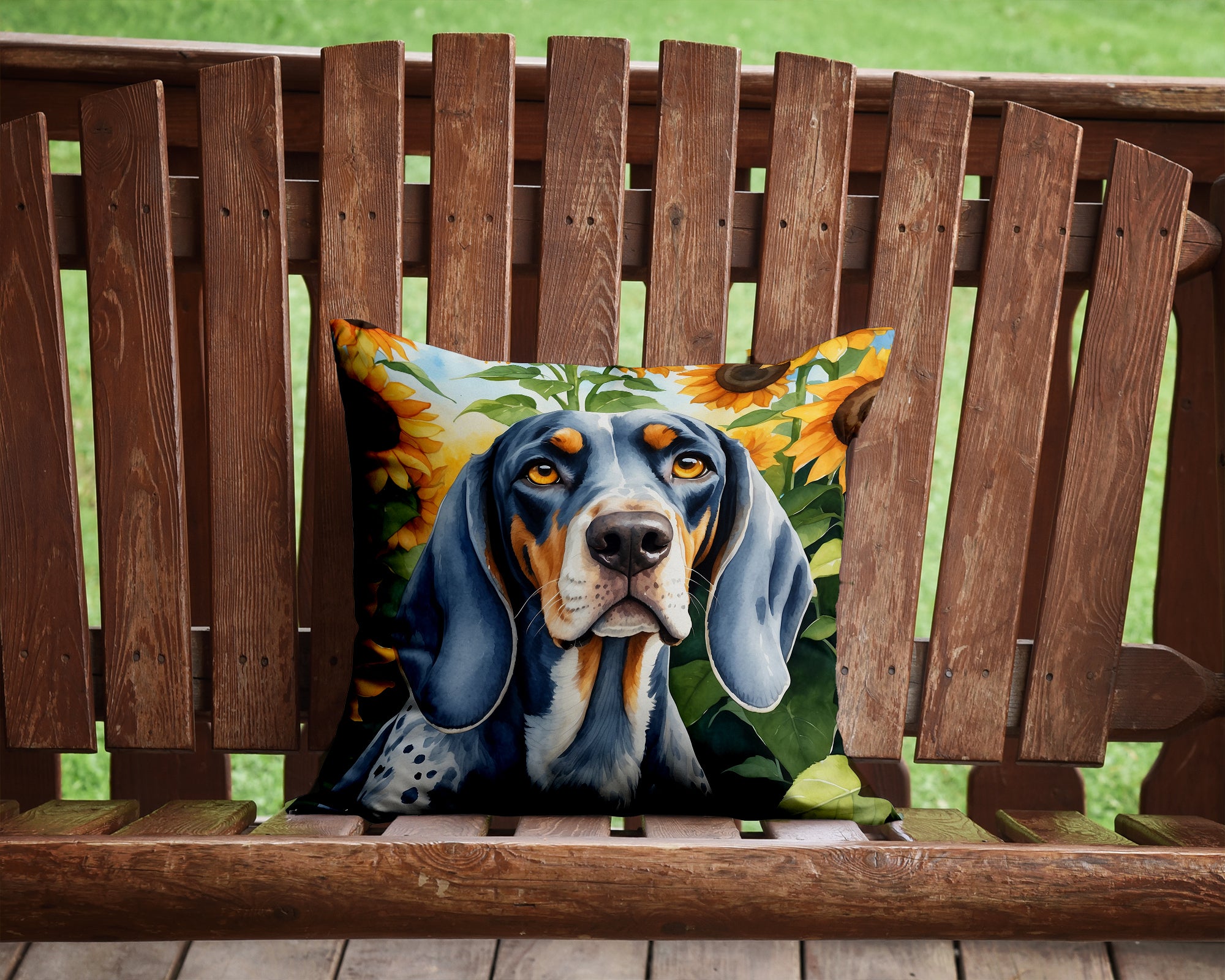 Buy this Bluetick Coonhound in Sunflowers Throw Pillow