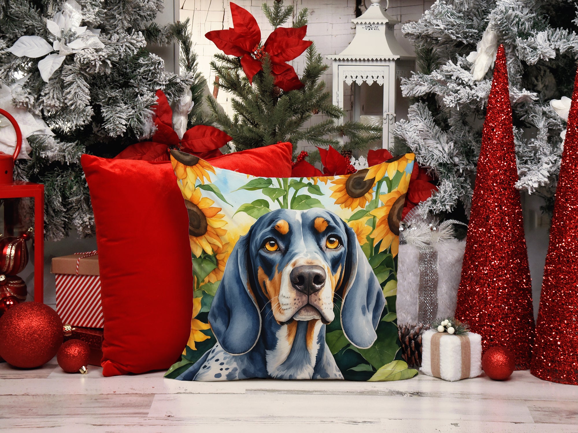 Bluetick Coonhound in Sunflowers Throw Pillow