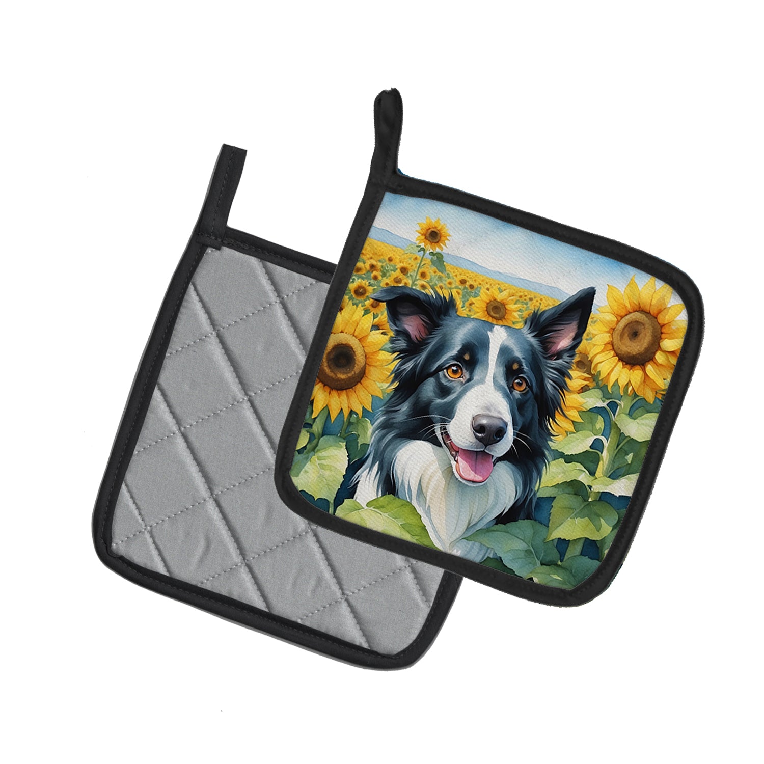Border Collie in Sunflowers Pair of Pot Holders
