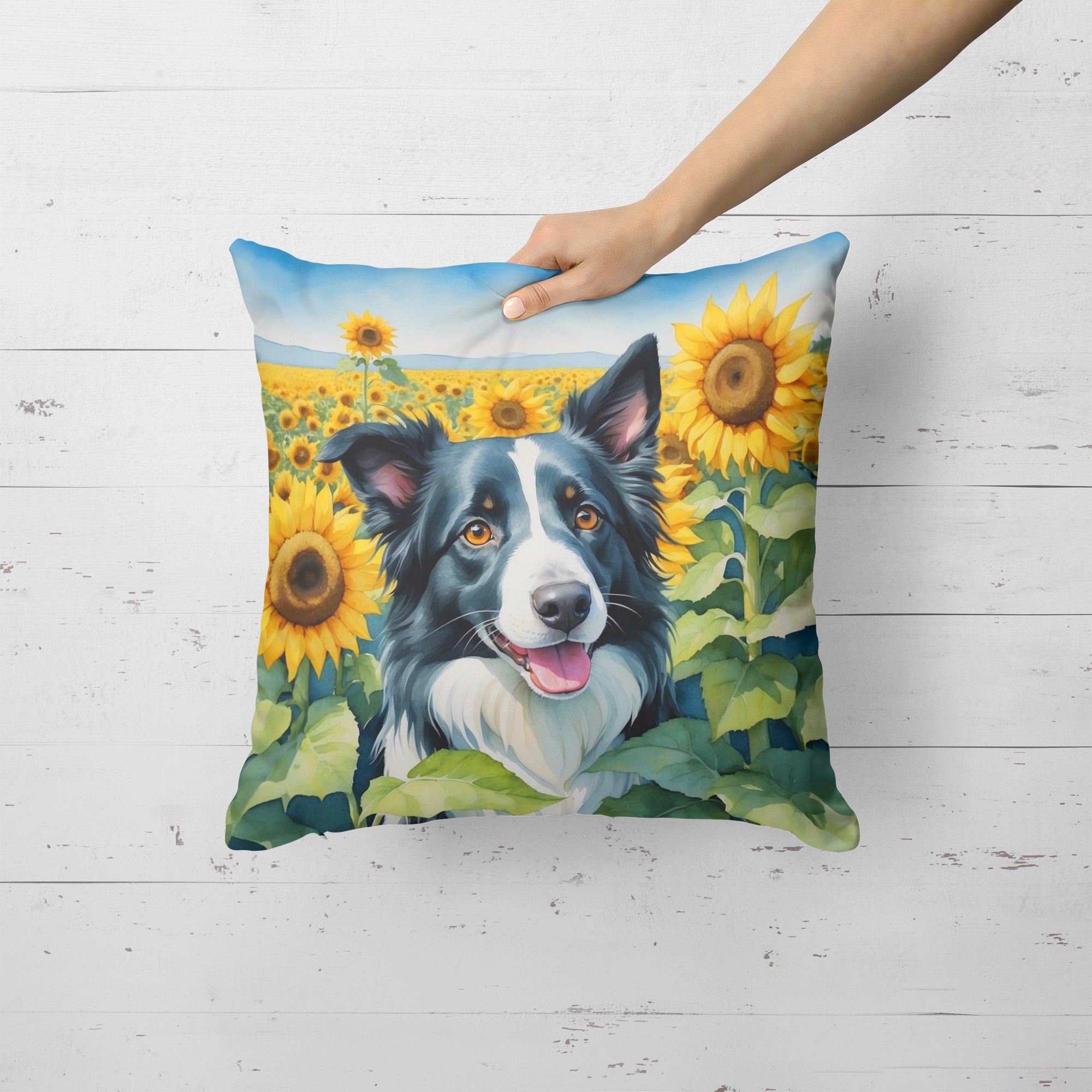 Buy this Border Collie in Sunflowers Throw Pillow