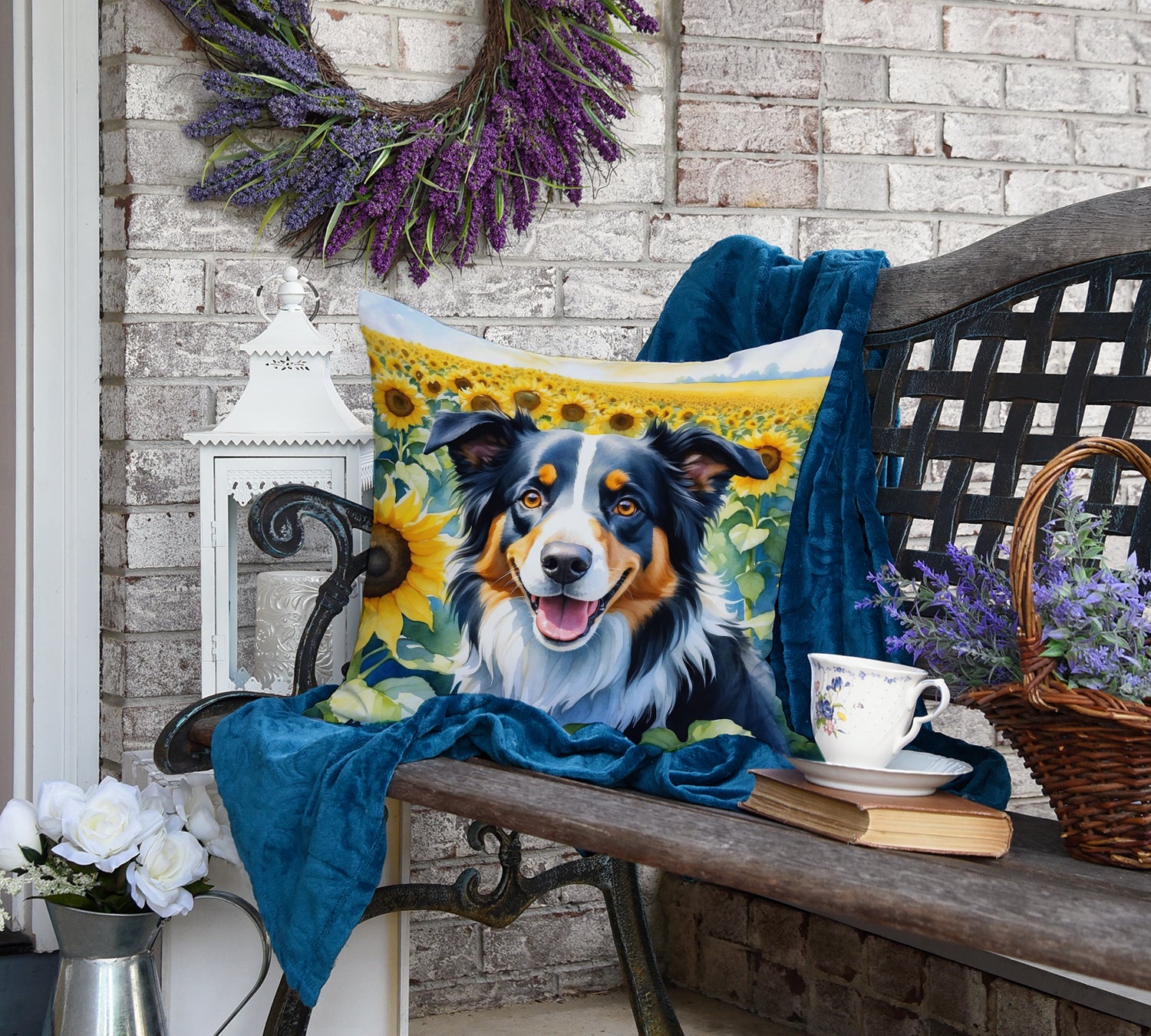 Border Collie in Sunflowers Throw Pillow