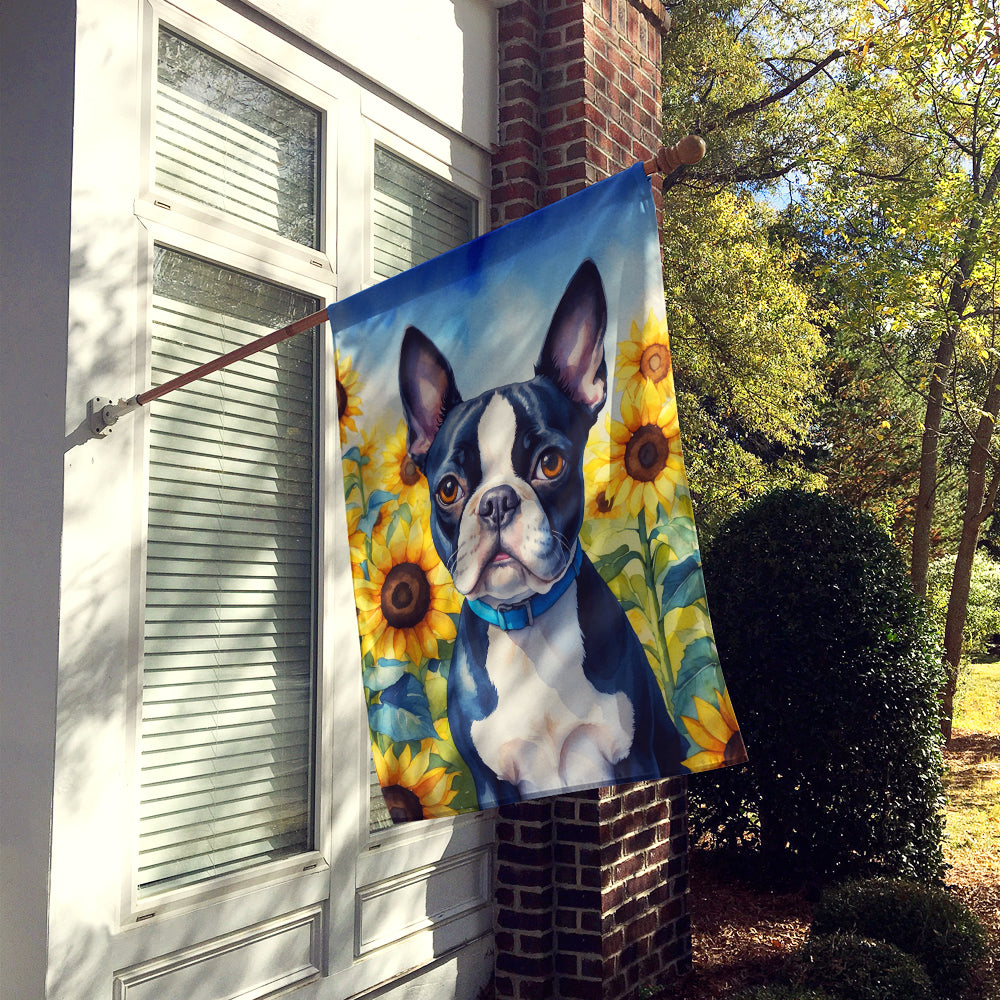 Boston Terrier in Sunflowers House Flag