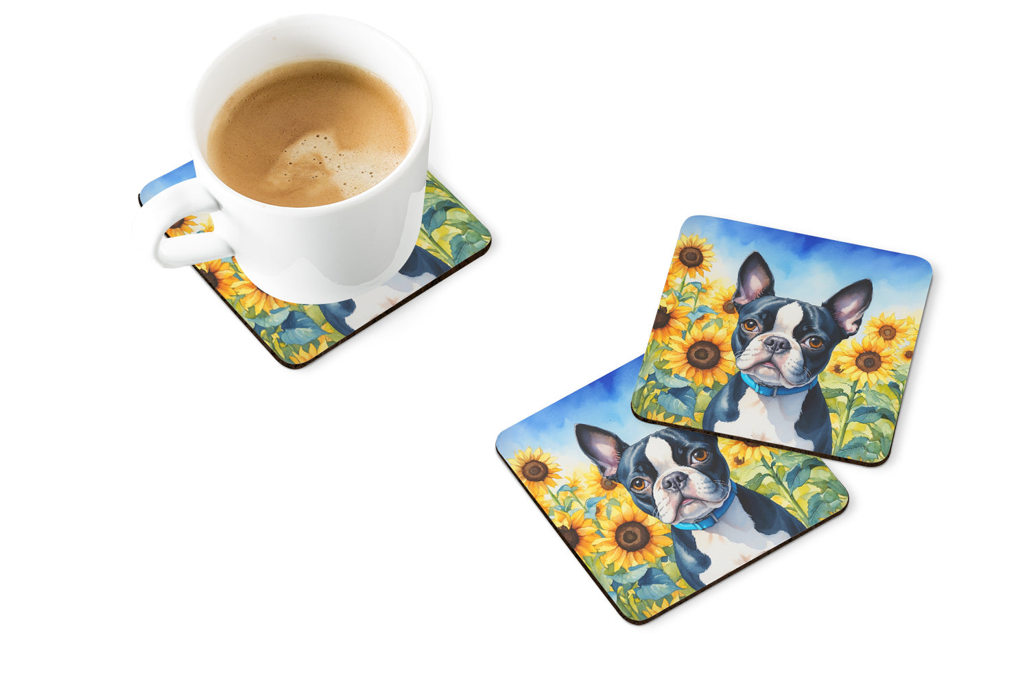 Boston Terrier in Sunflowers Foam Coasters