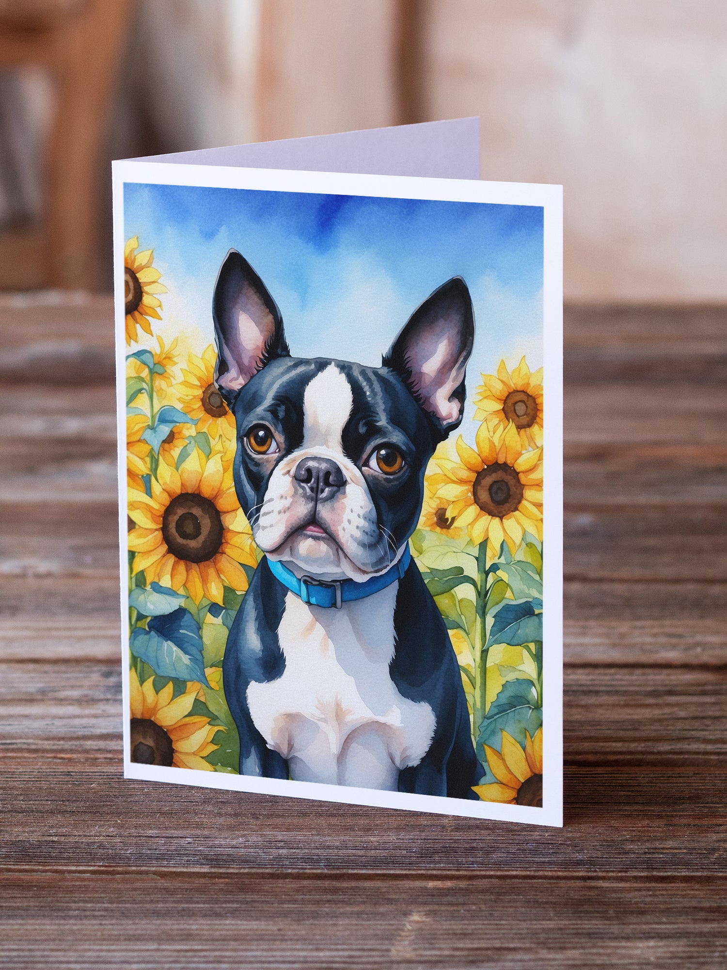 Boston Terrier in Sunflowers Greeting Cards Pack of 8