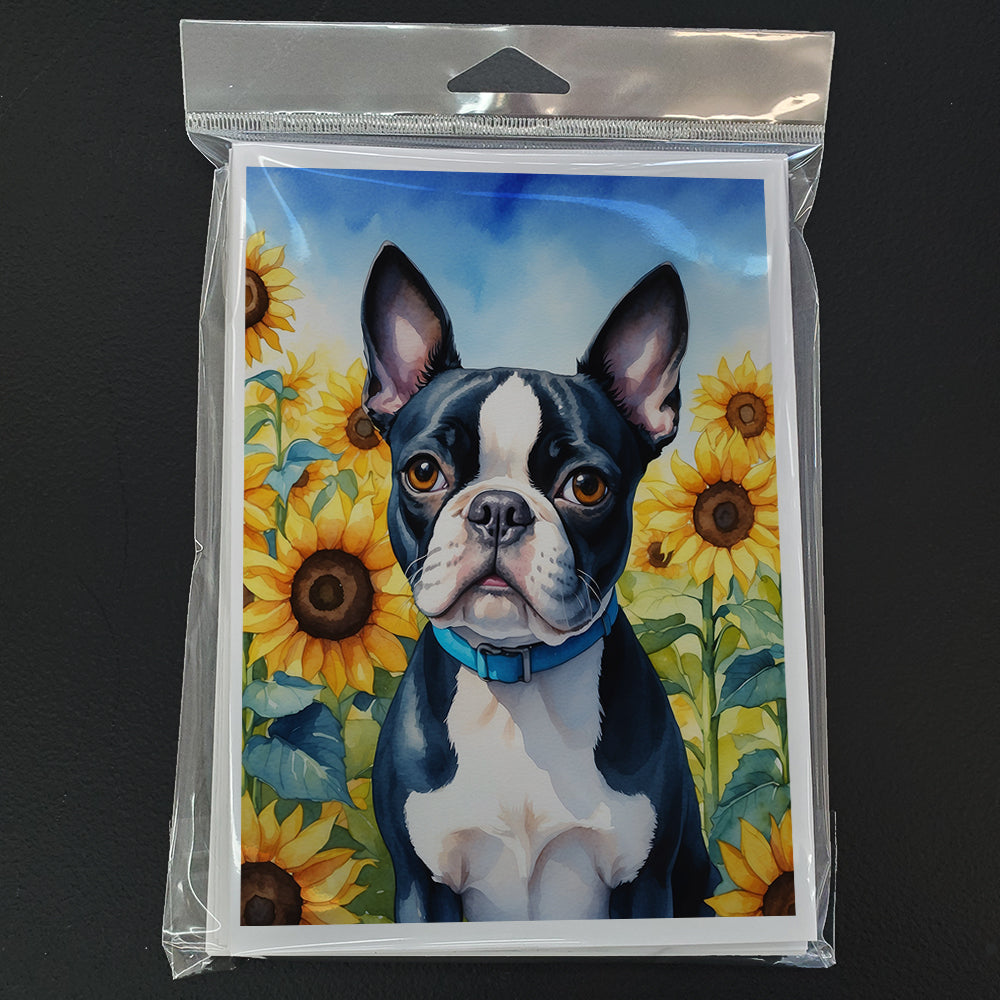 Boston Terrier in Sunflowers Greeting Cards Pack of 8