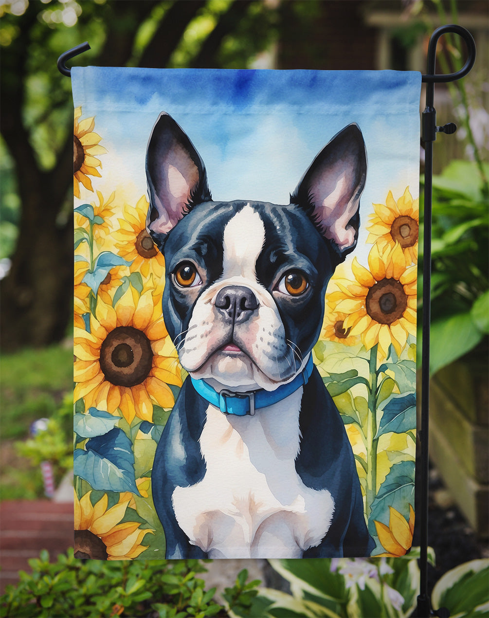 Boston Terrier in Sunflowers Garden Flag