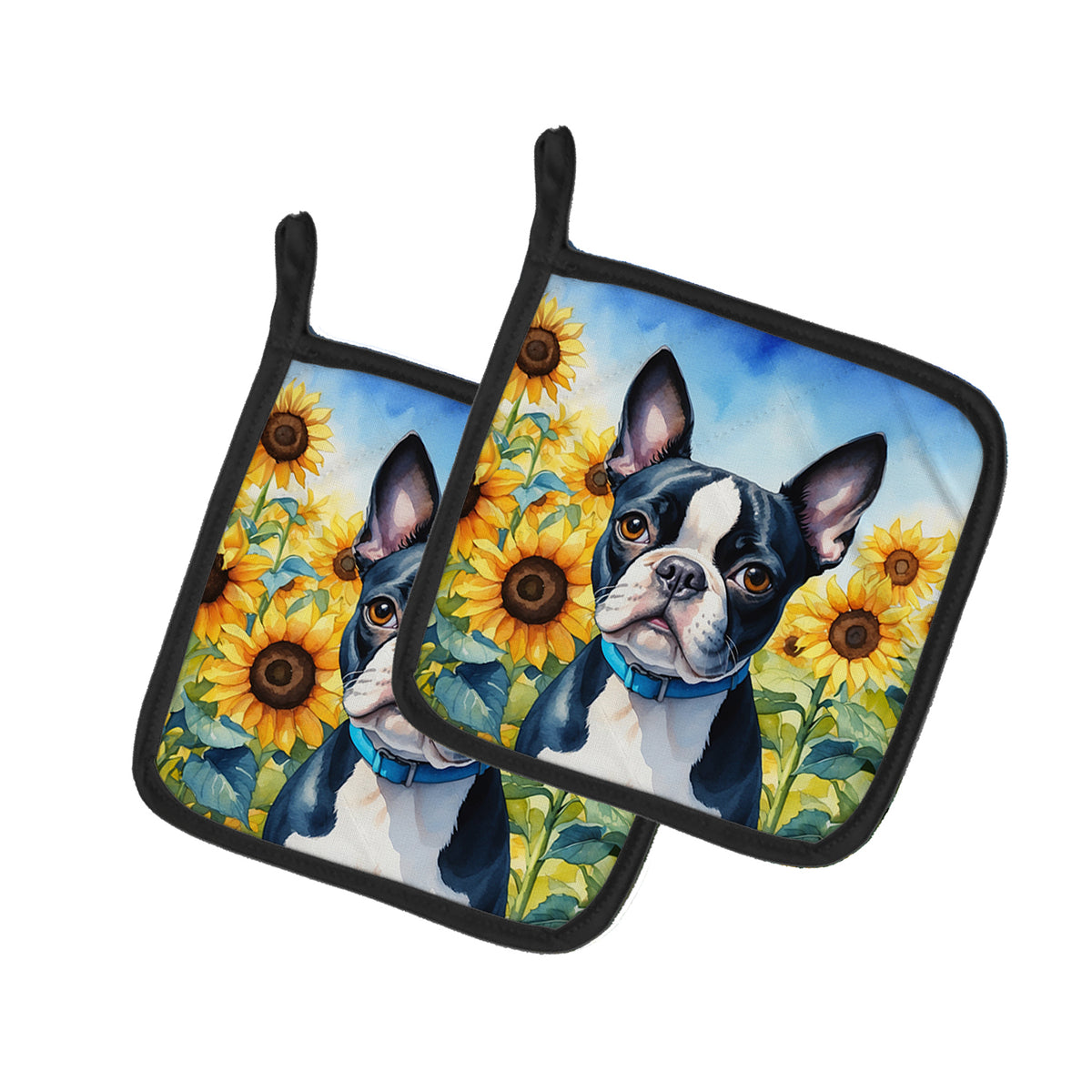 Buy this Boston Terrier in Sunflowers Pair of Pot Holders