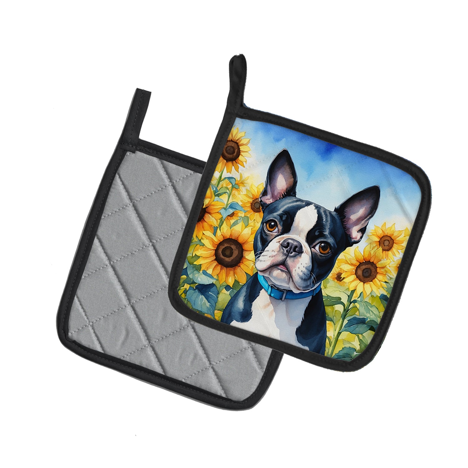 Boston Terrier in Sunflowers Pair of Pot Holders