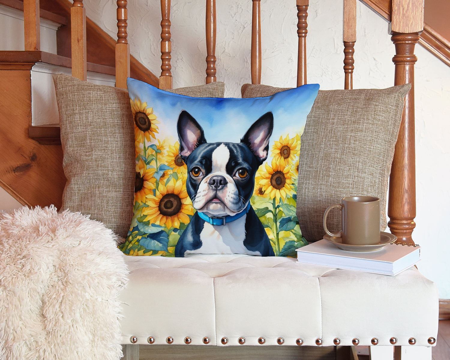 Boston Terrier in Sunflowers Throw Pillow