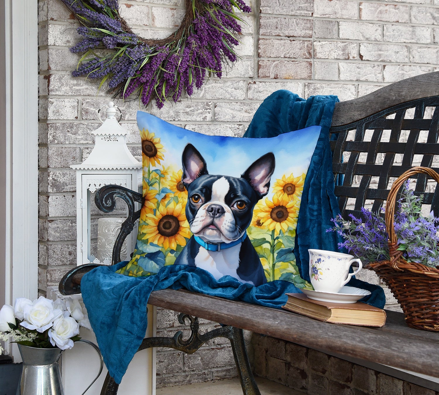 Boston Terrier in Sunflowers Throw Pillow