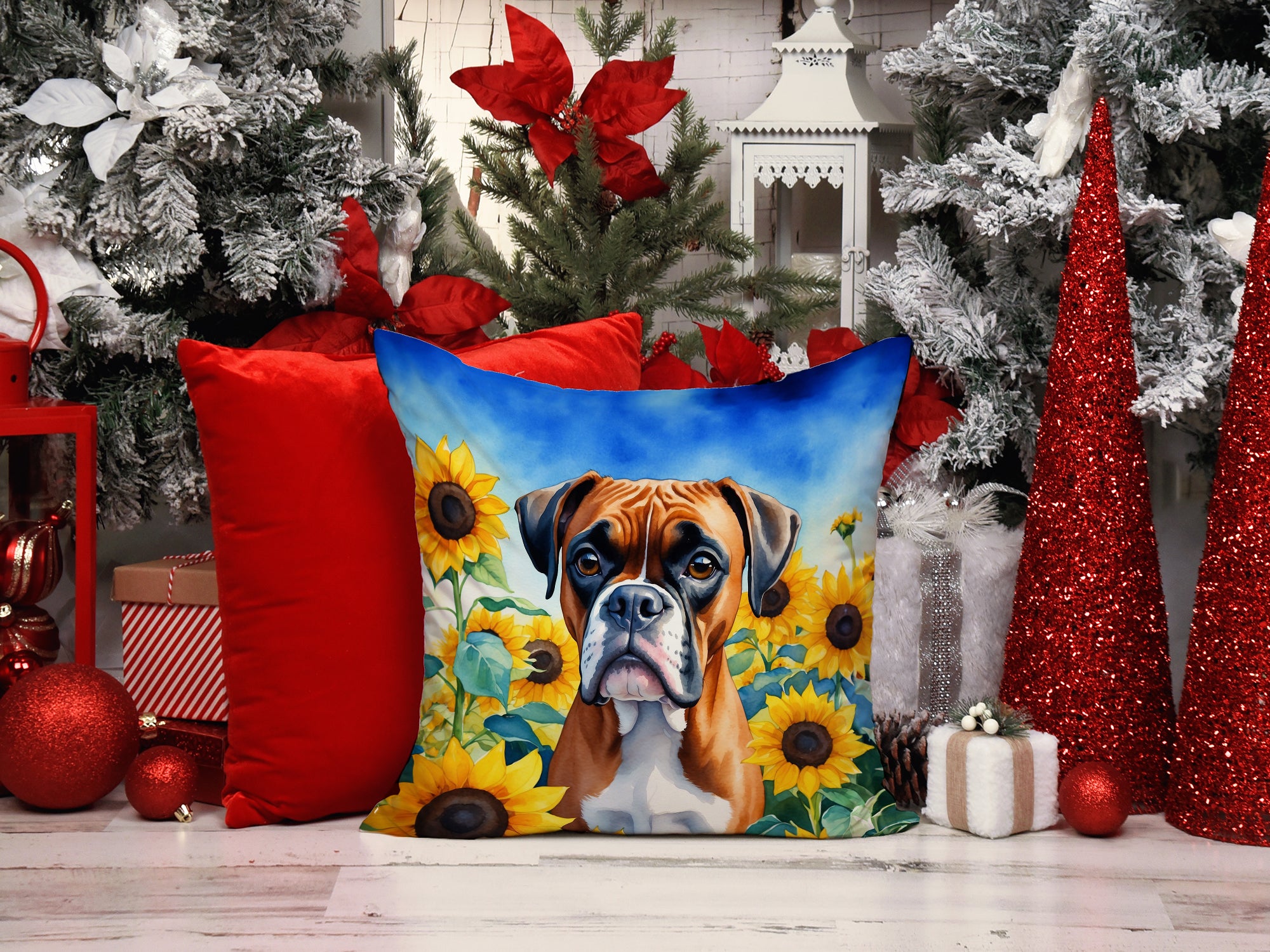 Boxer in Sunflowers Throw Pillow