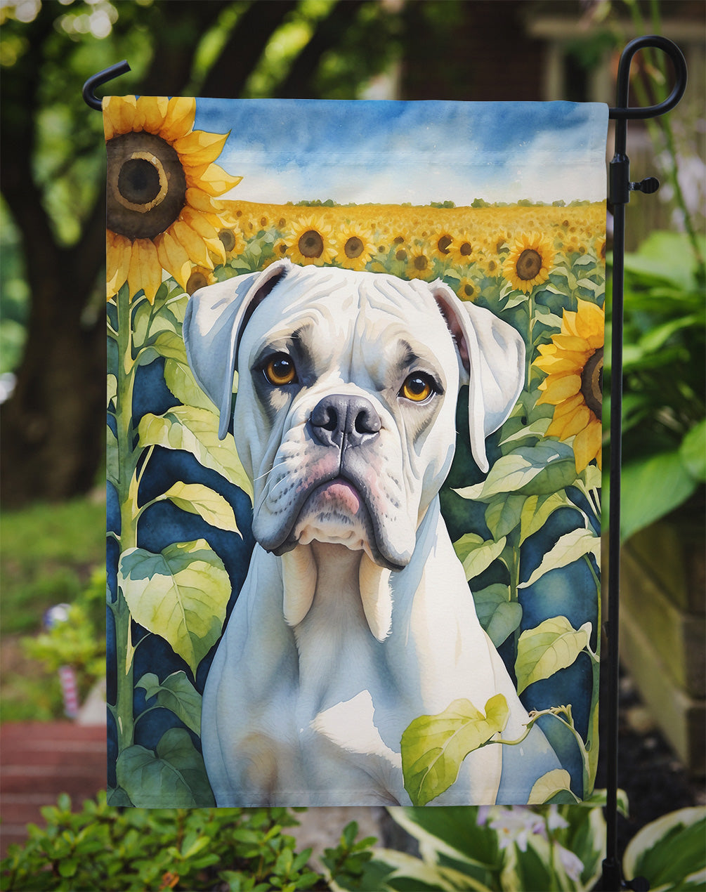 Boxer in Sunflowers Garden Flag