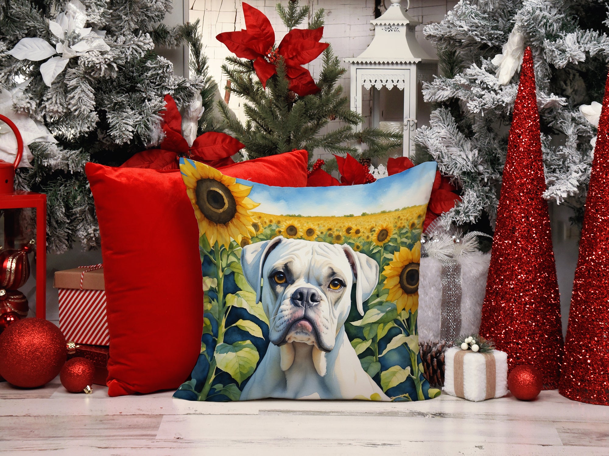 Boxer in Sunflowers Throw Pillow