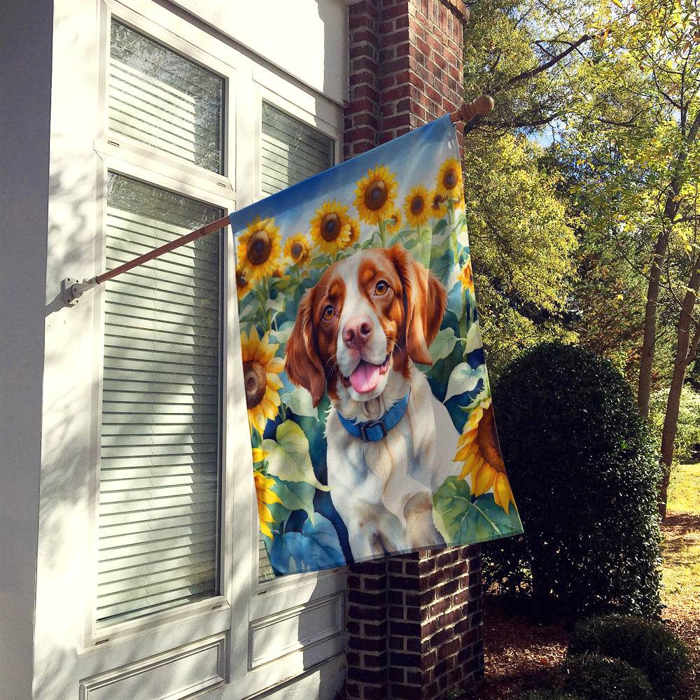 Brittany Spaniel in Sunflowers House Flag