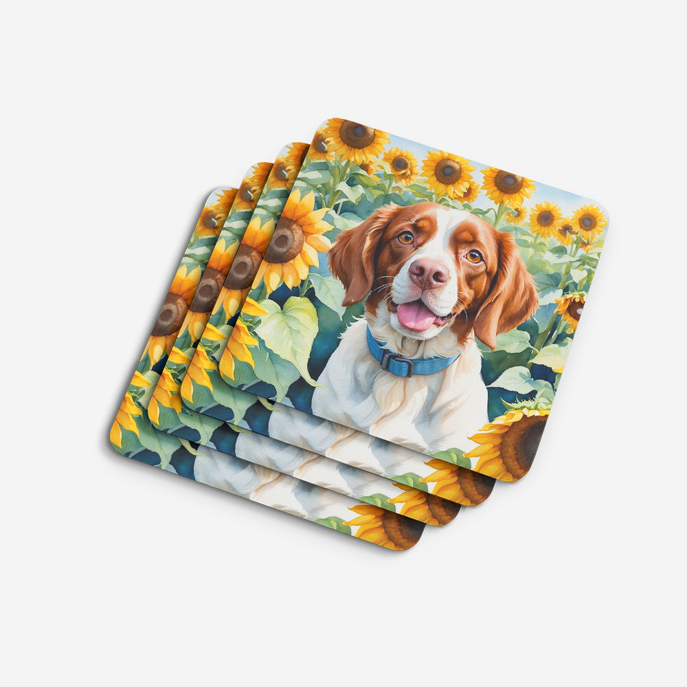 Brittany Spaniel in Sunflowers Foam Coasters