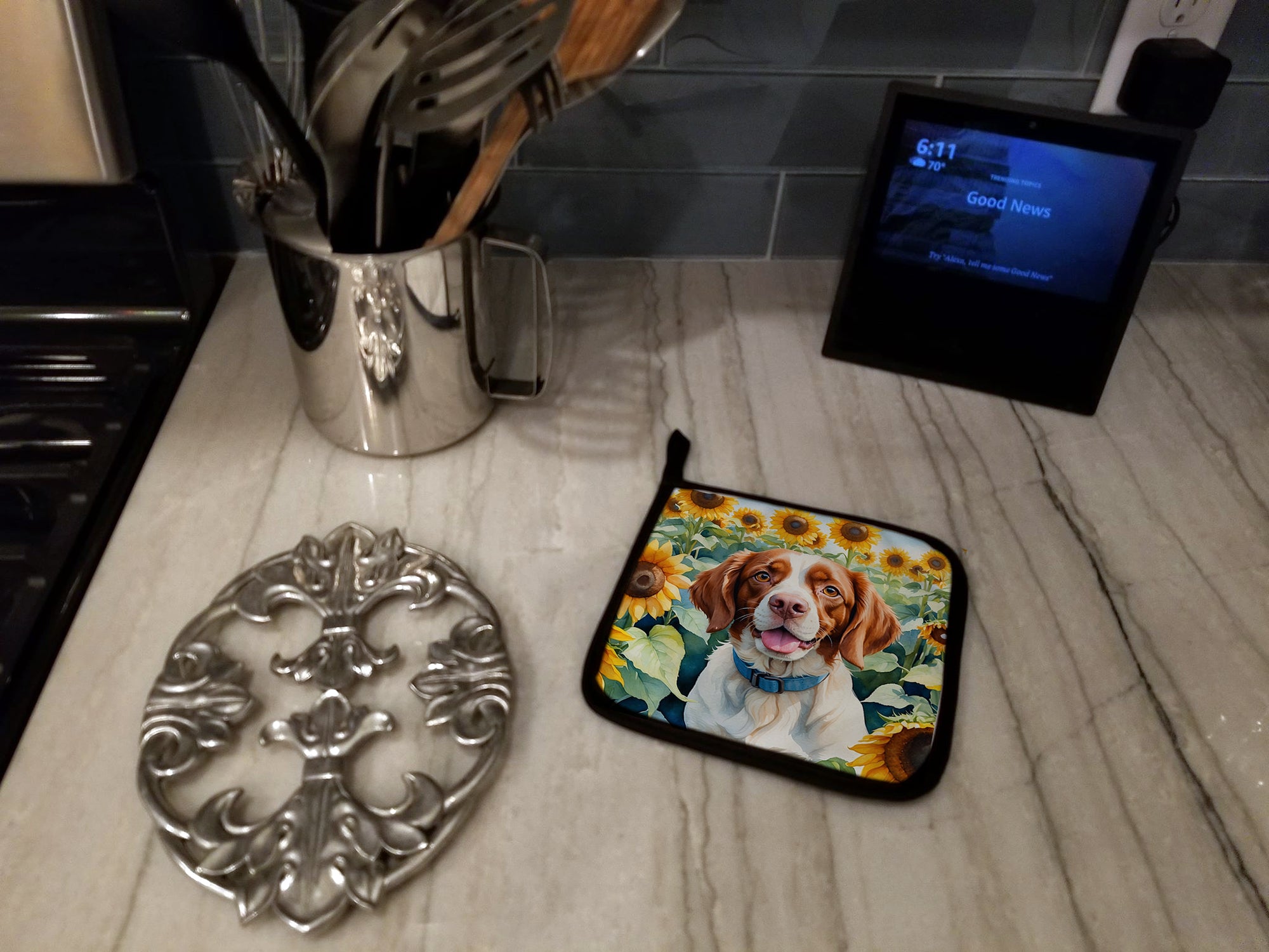 Brittany Spaniel in Sunflowers Pair of Pot Holders