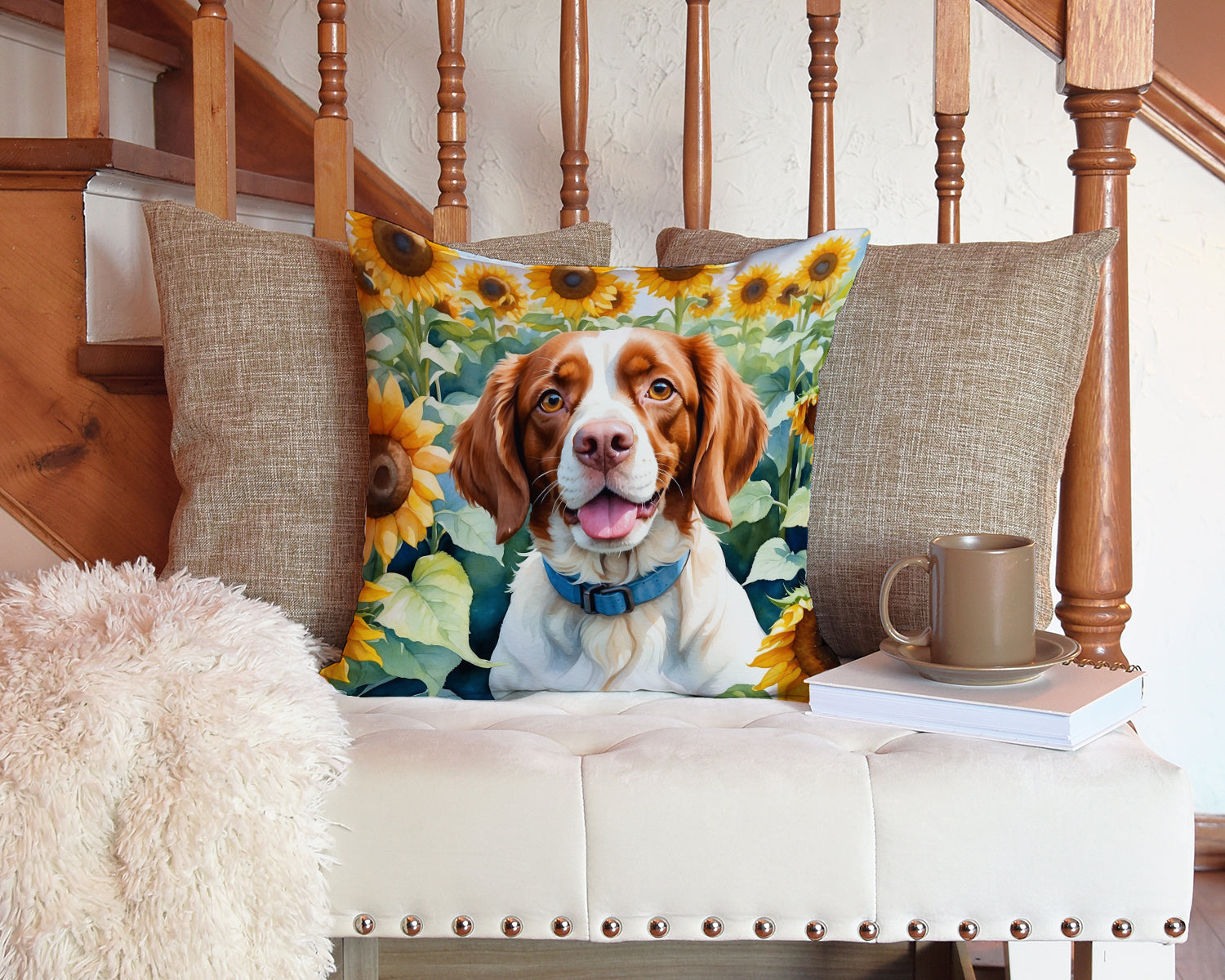 Brittany Spaniel in Sunflowers Throw Pillow