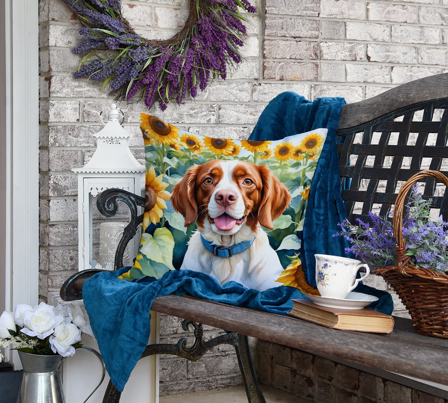 Brittany Spaniel in Sunflowers Throw Pillow