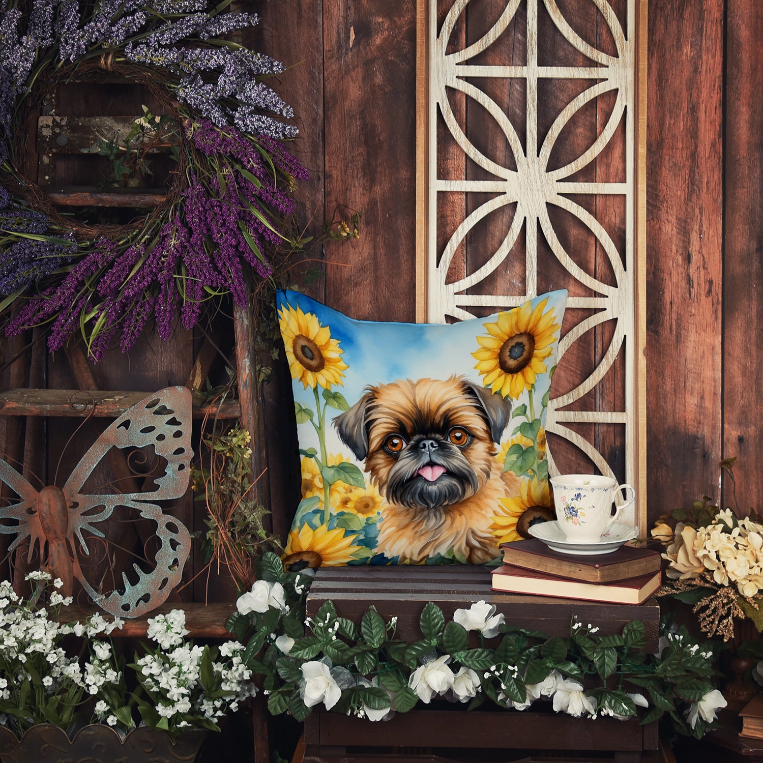 Brussels Griffon in Sunflowers Throw Pillow