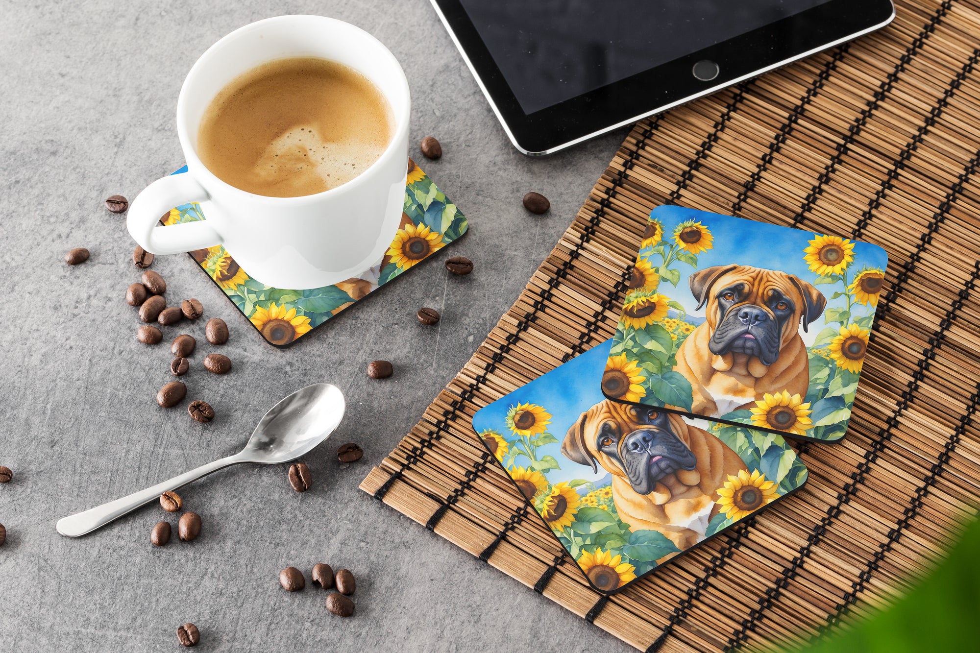 Bullmastiff in Sunflowers Foam Coasters