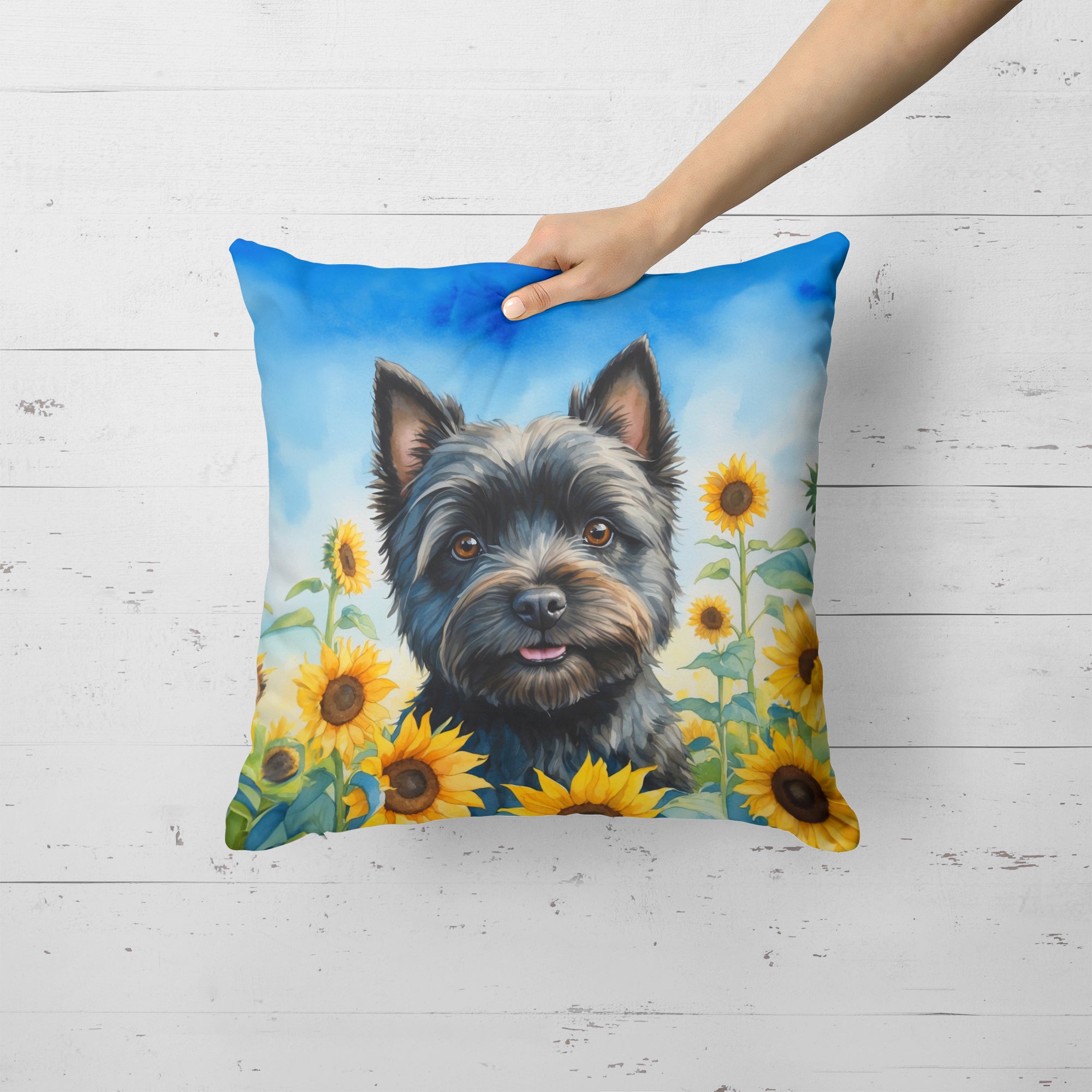 Cairn Terrier in Sunflowers Throw Pillow