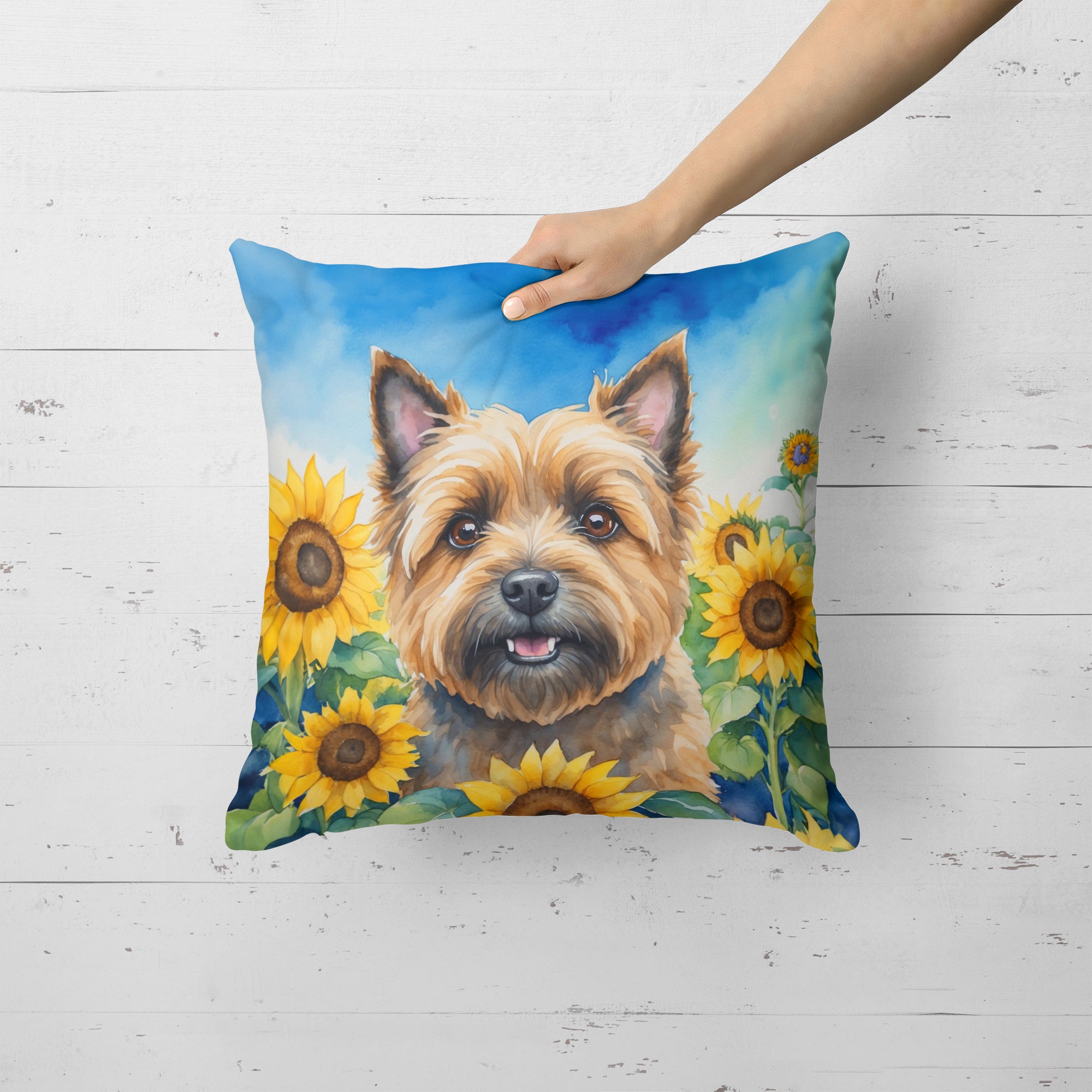 Cairn Terrier in Sunflowers Throw Pillow