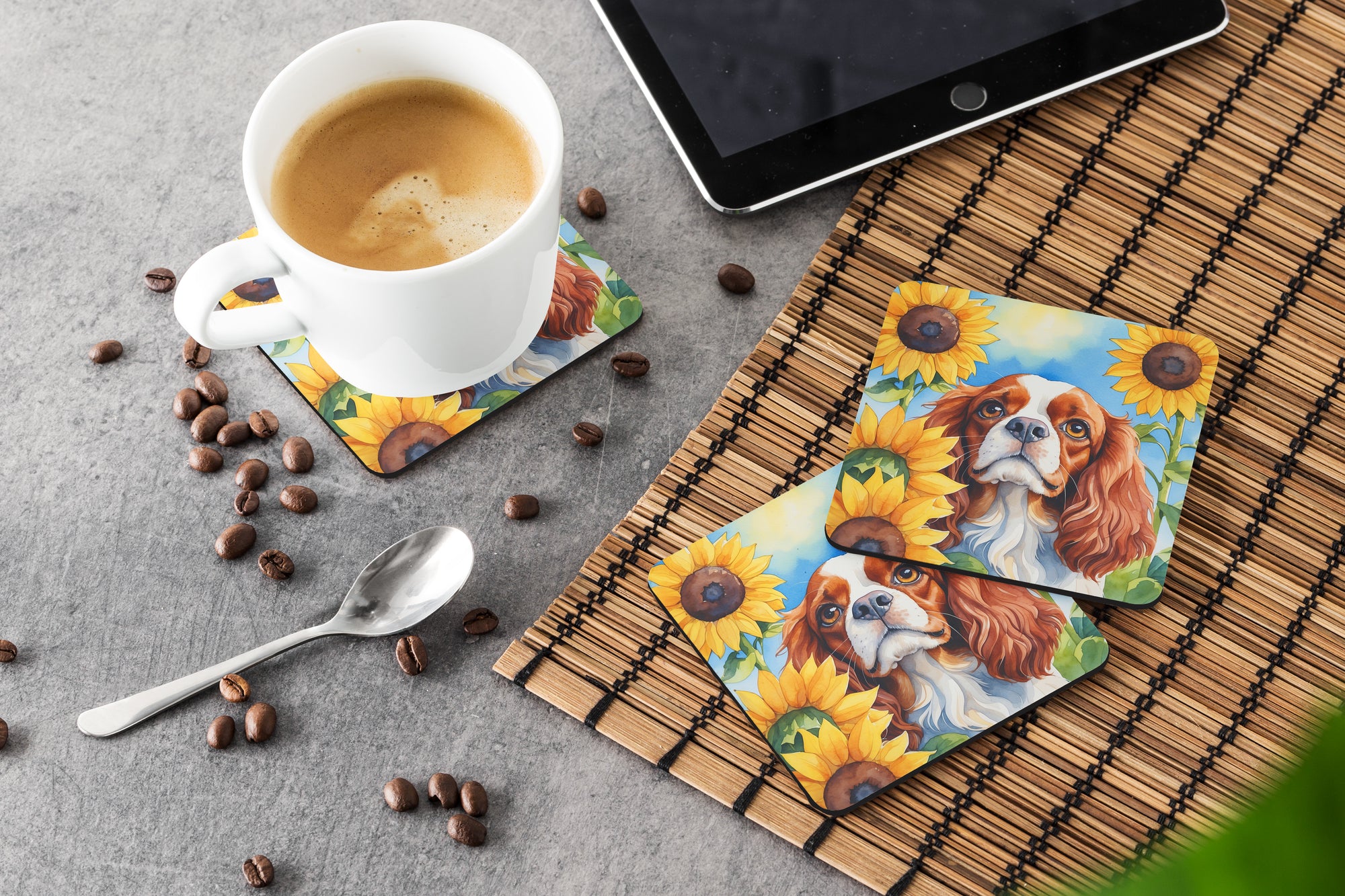 Cavalier Spaniel in Sunflowers Foam Coasters