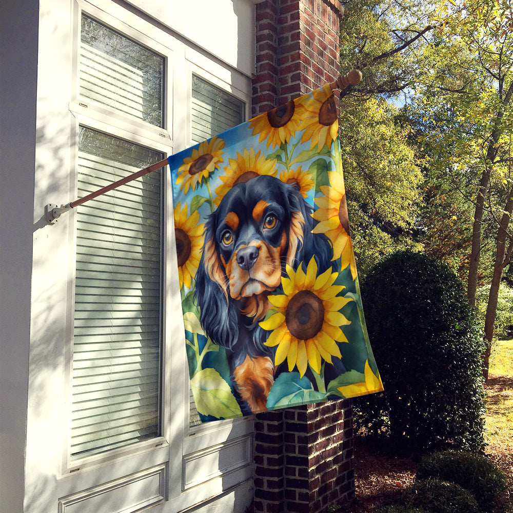 Cavalier Spaniel in Sunflowers House Flag