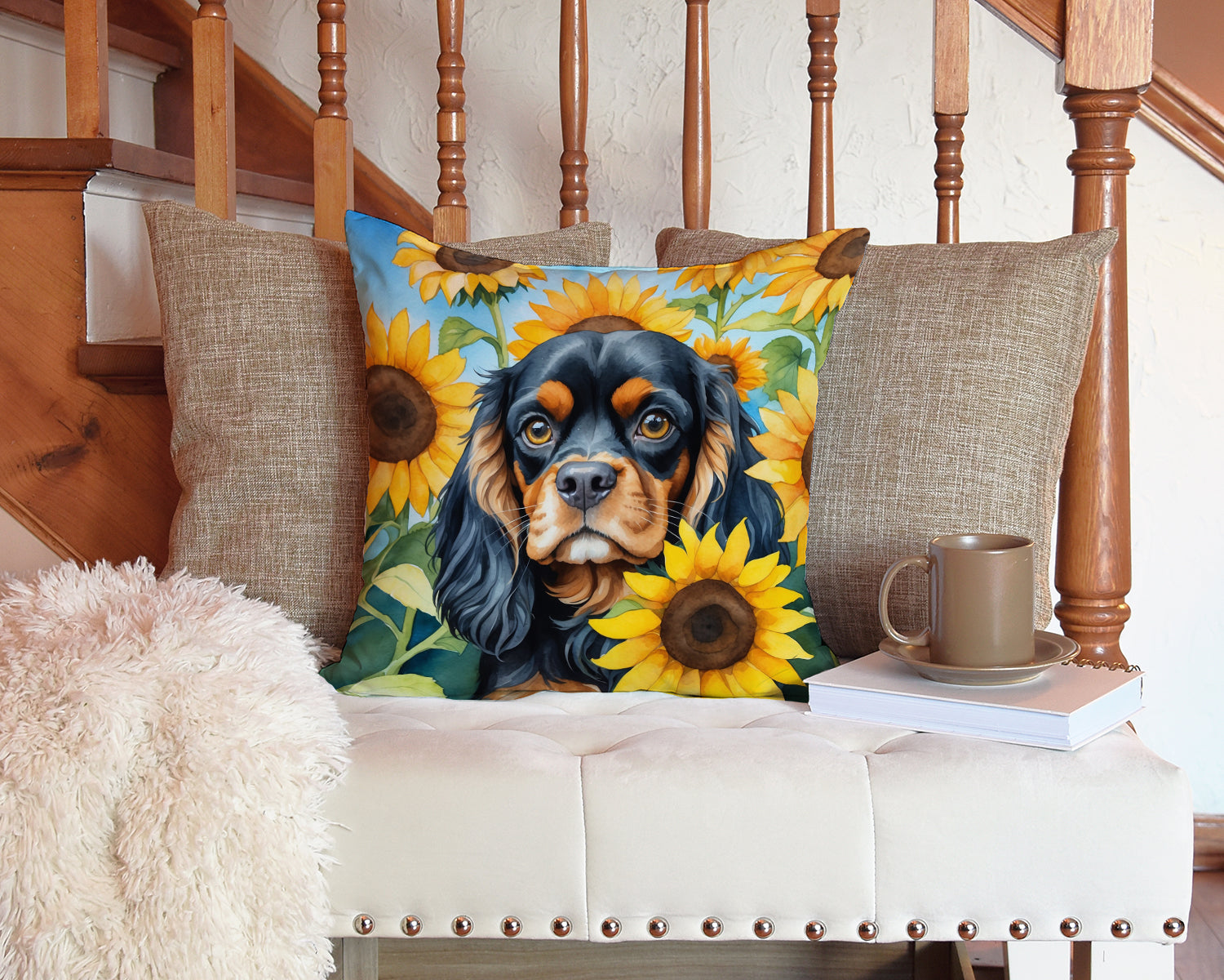 Cavalier Spaniel in Sunflowers Throw Pillow