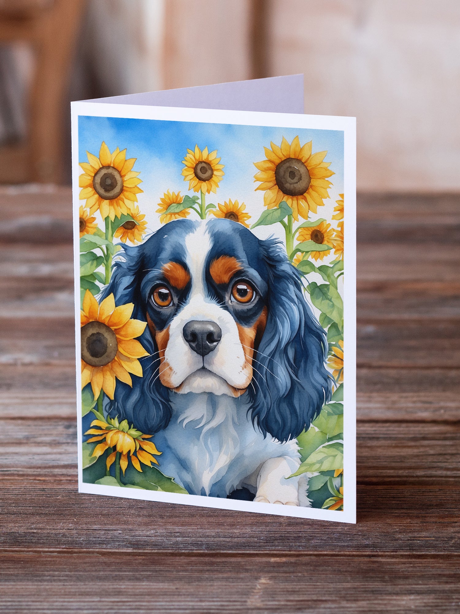 Cavalier Spaniel in Sunflowers Greeting Cards Pack of 8