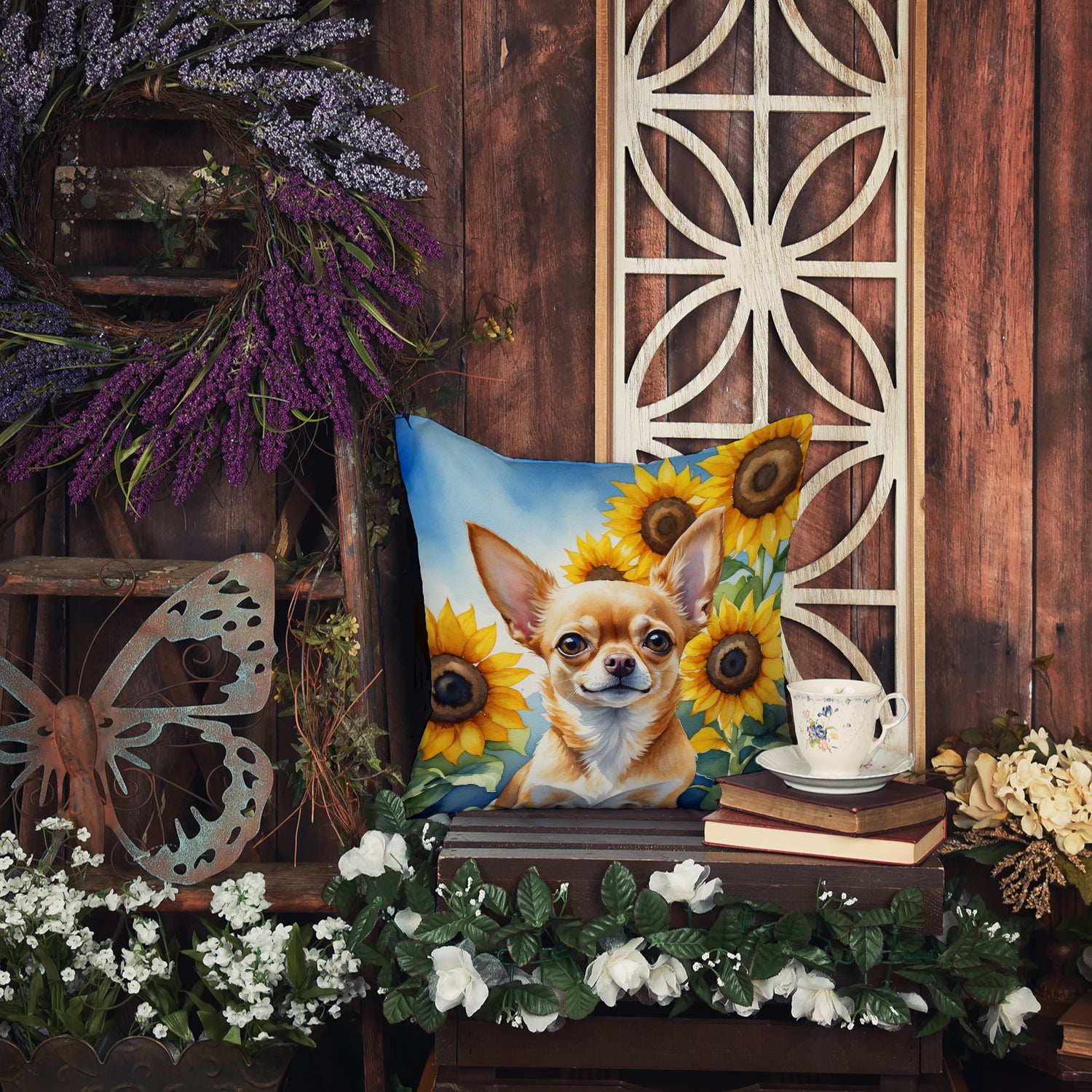 Chihuahua in Sunflowers Throw Pillow