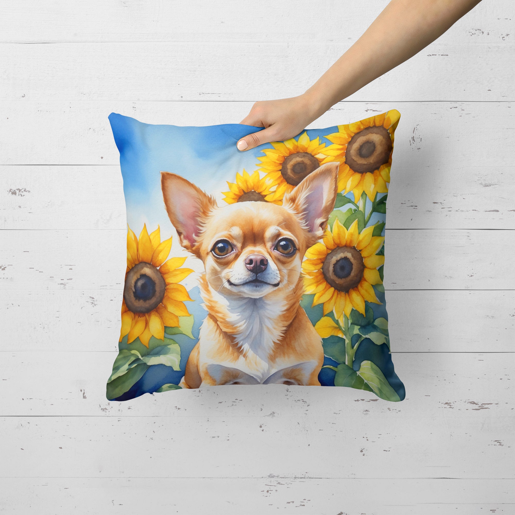 Chihuahua in Sunflowers Throw Pillow