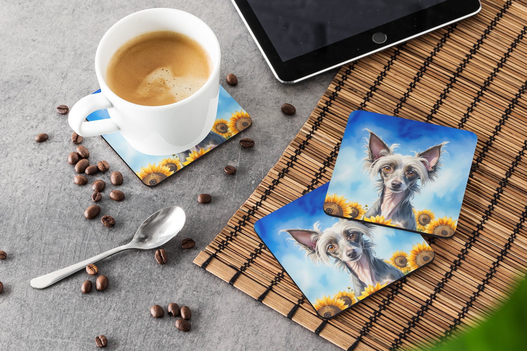 Chinese Crested in Sunflowers Foam Coasters