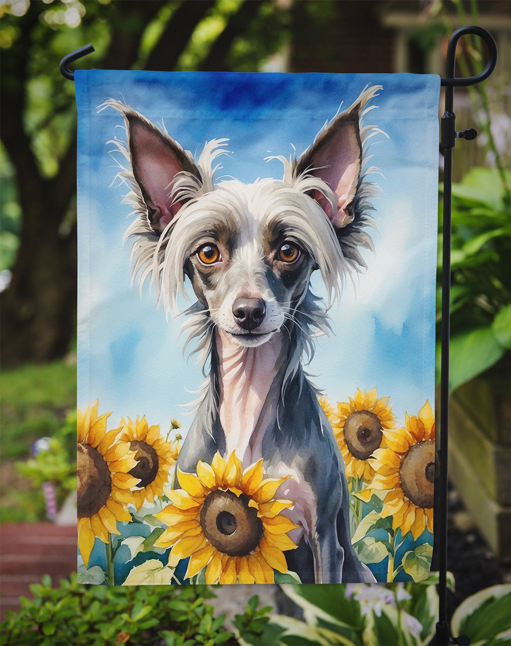Chinese Crested in Sunflowers Garden Flag