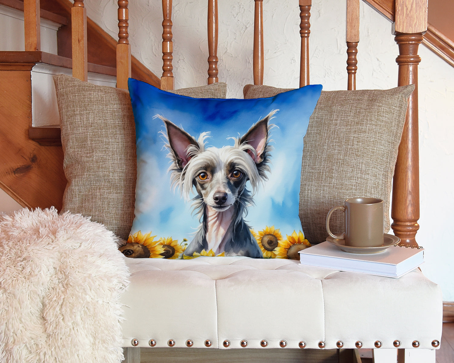 Chinese Crested in Sunflowers Throw Pillow
