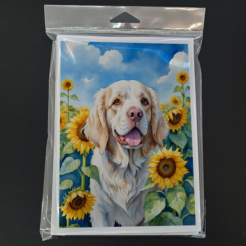 Clumber Spaniel in Sunflowers Greeting Cards Pack of 8