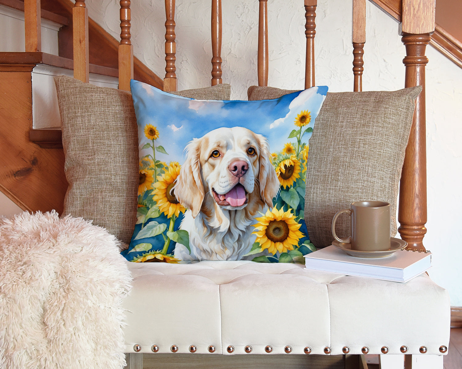 Clumber Spaniel in Sunflowers Throw Pillow