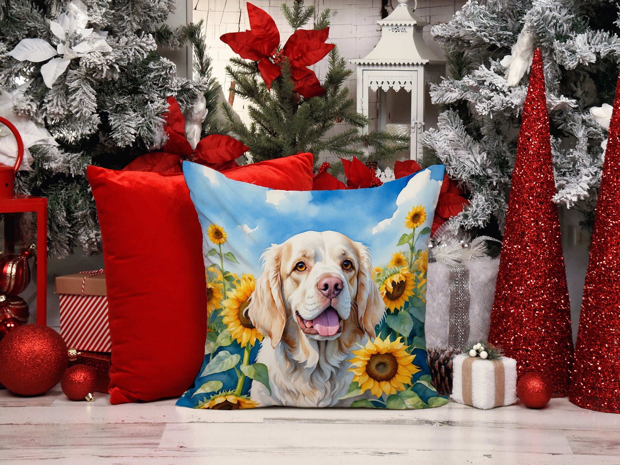 Clumber Spaniel in Sunflowers Throw Pillow