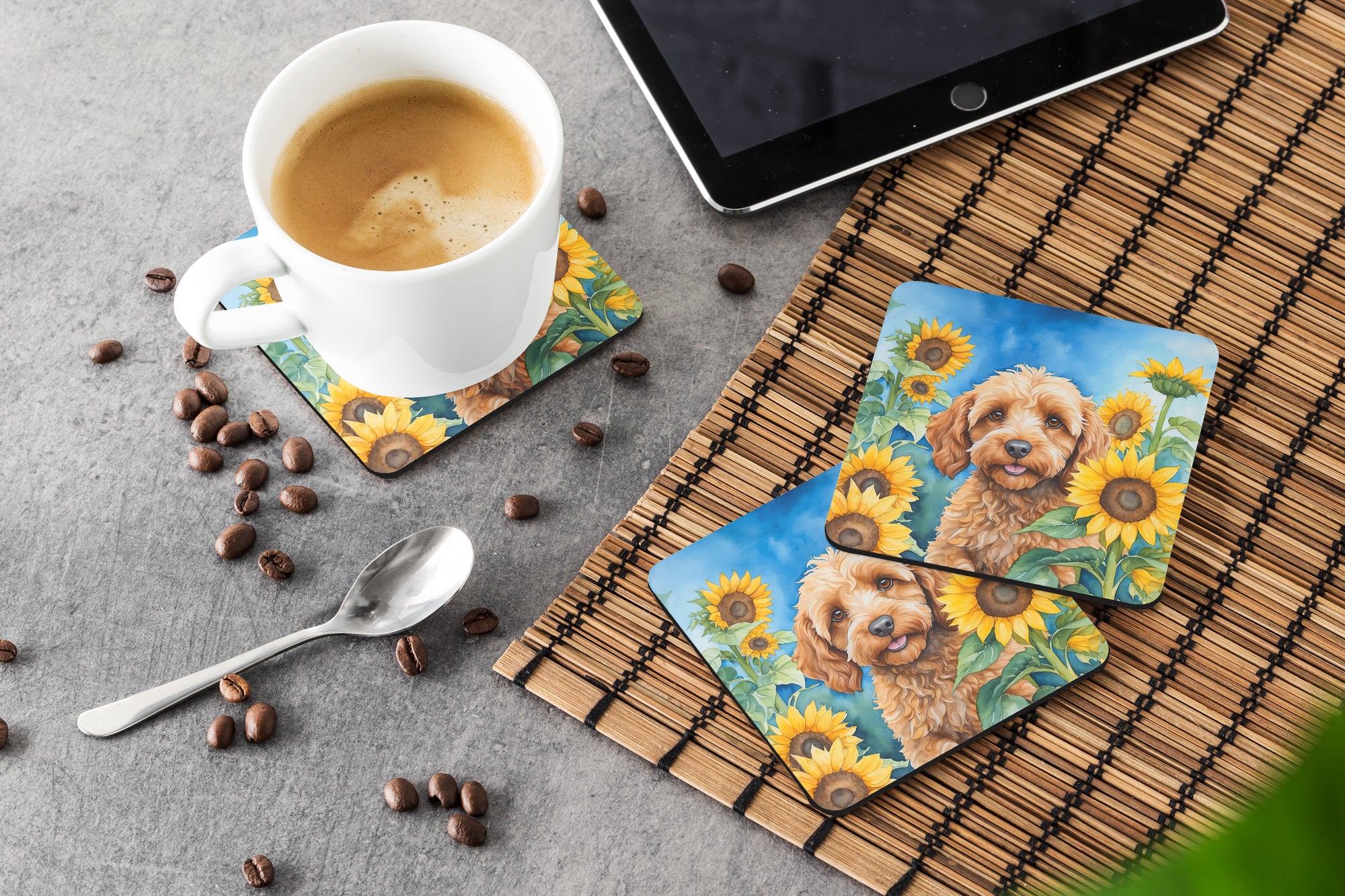 Cockapoo in Sunflowers Foam Coasters