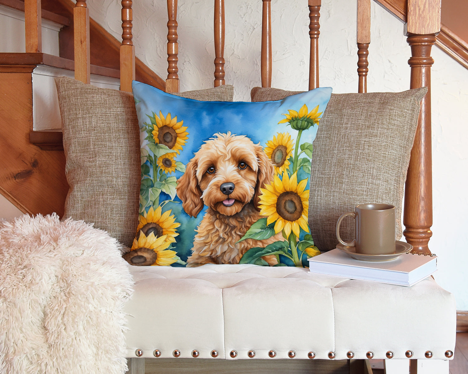 Cockapoo in Sunflowers Throw Pillow